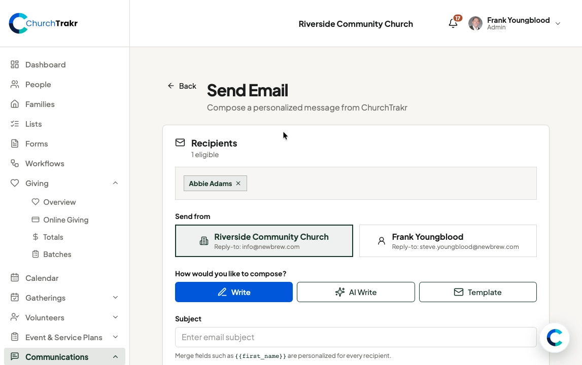 Email & SMS in ChurchTrakr