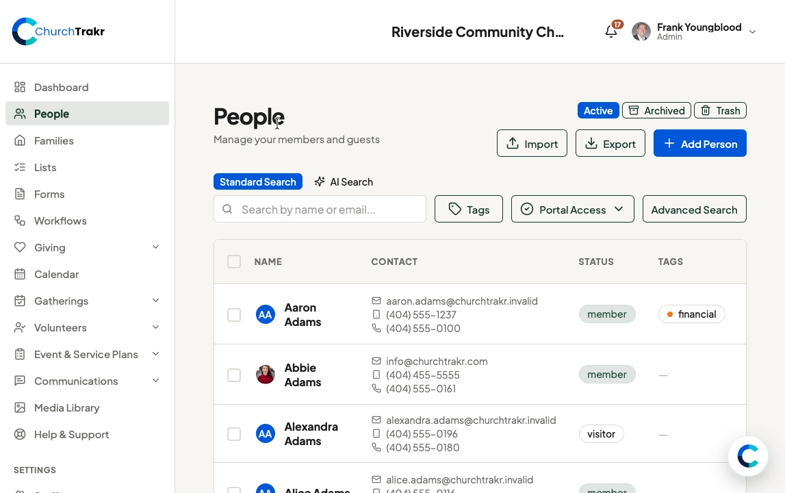 ChurchTrakr People screen with member profiles, search, and contact details