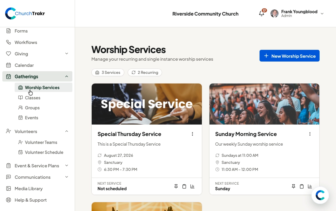 Worship Services & Events in ChurchTrakr